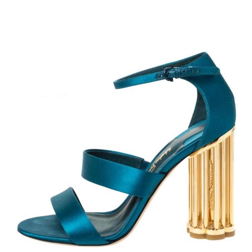 Salvatore Ferragamo | Green Satin Strappy Metal Block Heel Sandals | Size 38
